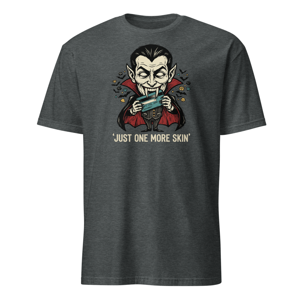 Microtransaction Vampire Woodcut Gaming Meme Tee — dark heather front view
