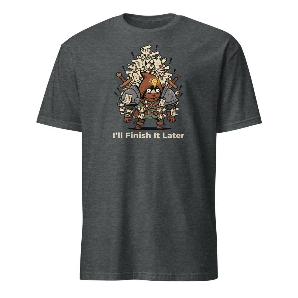 Side Quest Hoarder Retro RPG Gamer Tee — dark heather front view