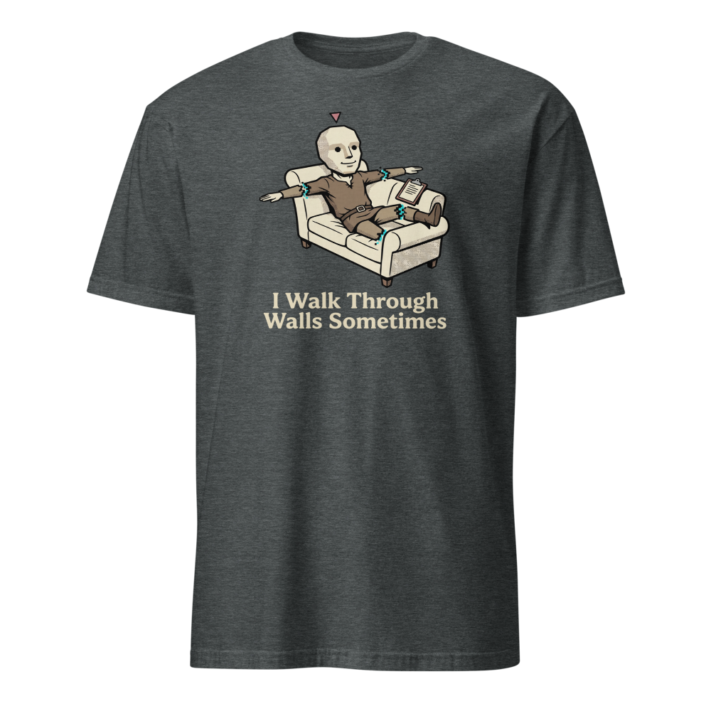 Glitched NPC Therapy Couch Wall-Walk Gamer Tee — dark heather front view