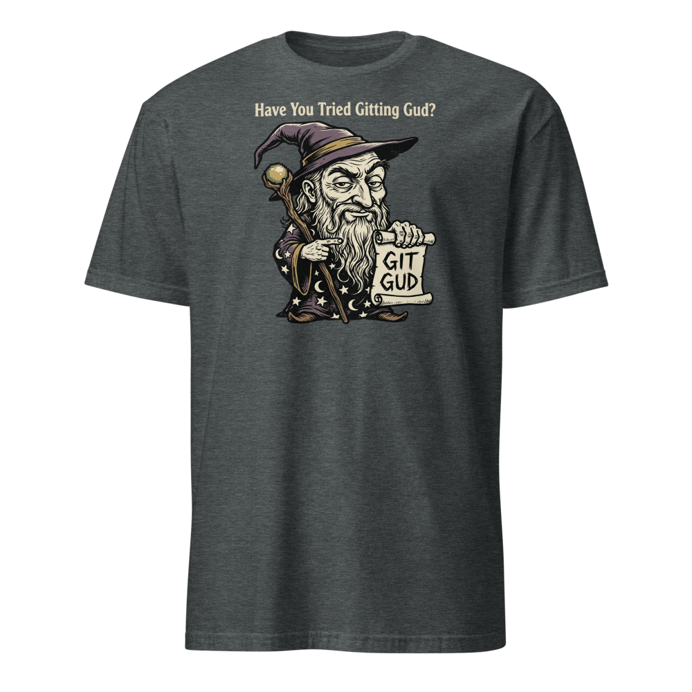 Git Gud Wizard Mentor Woodcut Gamer Meme Tee — dark heather front view