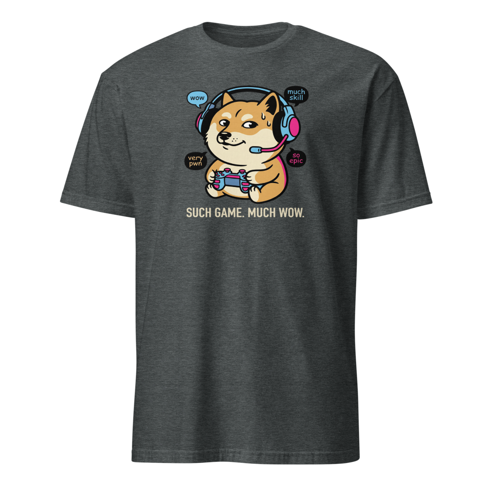 Sweaty Shiba Streamer Such Wow Gaming Meme Tee — dark heather front view