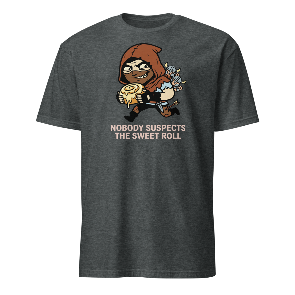 Nobody Suspects The Sweet Roll Retro RPG Thief Tee — dark heather front view
