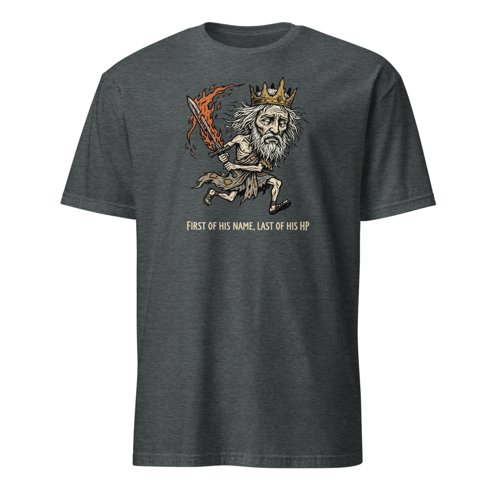 First Of His Name Last Of His HP Boss Tee — dark heather front view