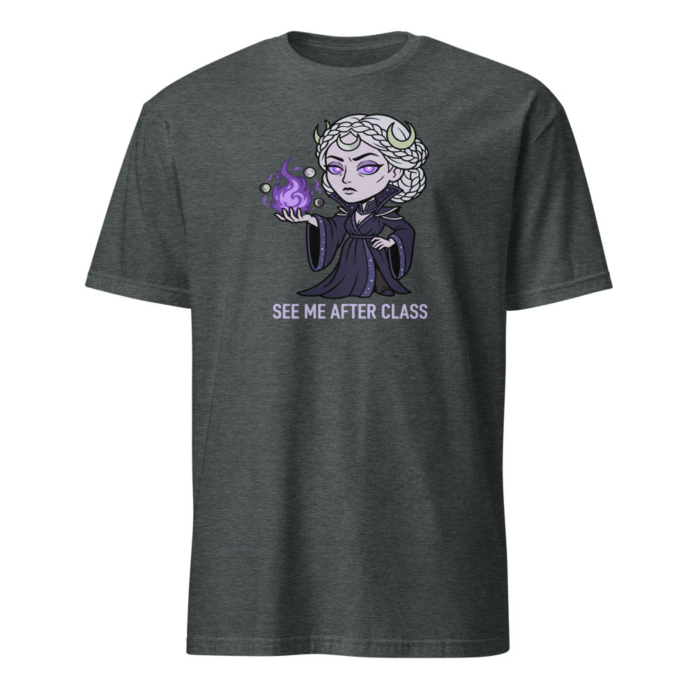 Witch Instructor See Me After Class Spell Tee — dark heather front view