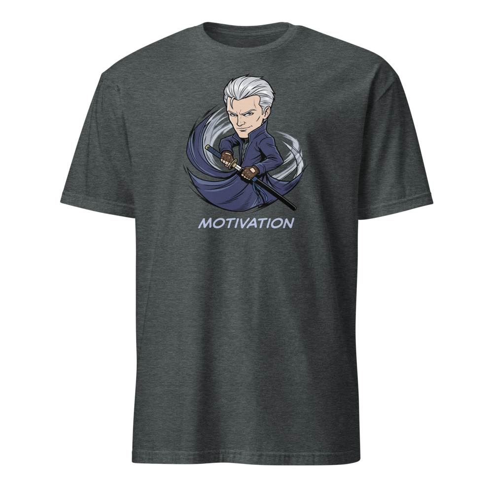 Stoic Swordsman Judgement Slash Motivation Tee — dark heather front view