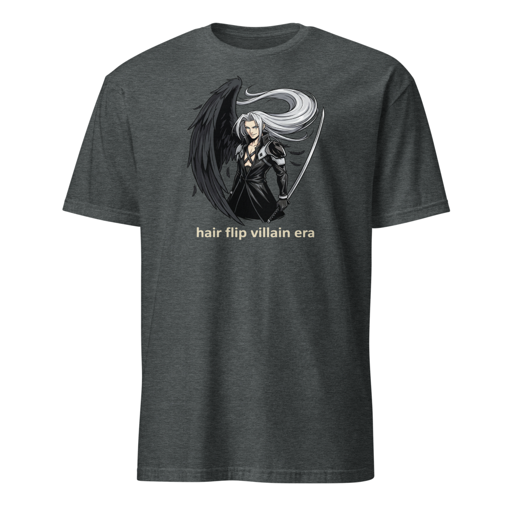Hair Flip Villain Era Anime Swordsman Tee — dark heather front view