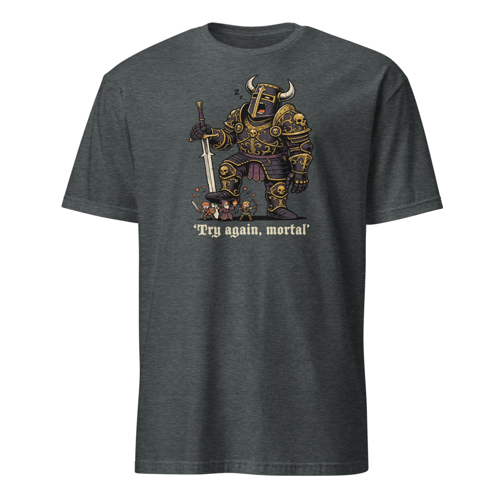 Try Again Mortal Optional Superboss RPG Tee — dark heather front view