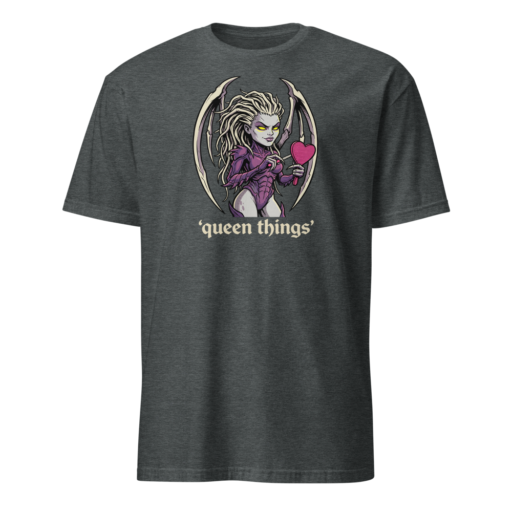 Queen Things Bone-Blade Vanity Boss Comic Ink Tee — dark heather front view