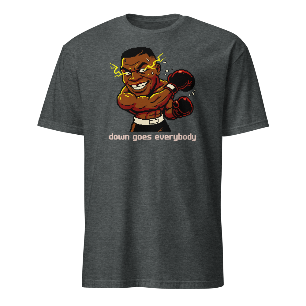 16-Bit Pixel Boxer Down Goes Everybody Retro Tee — dark heather front view