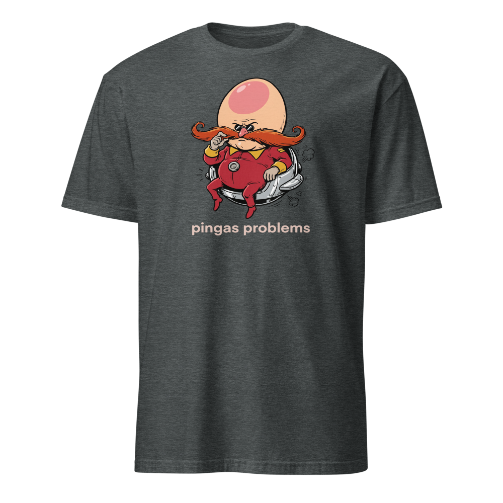 Egg-Shaped Villain Hover Pod Problems Tee — dark heather front view
