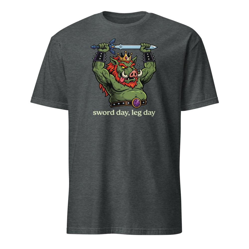 Sword Day Leg Day Boar King Boss Workout Tee — dark heather front view