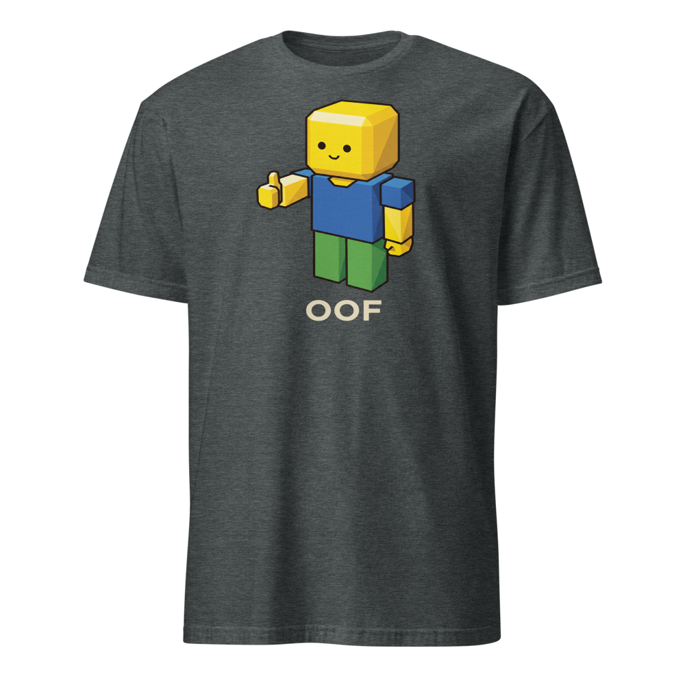Low-Poly Blocky Noob Oof Sandbox Gamer Tee — dark heather front view