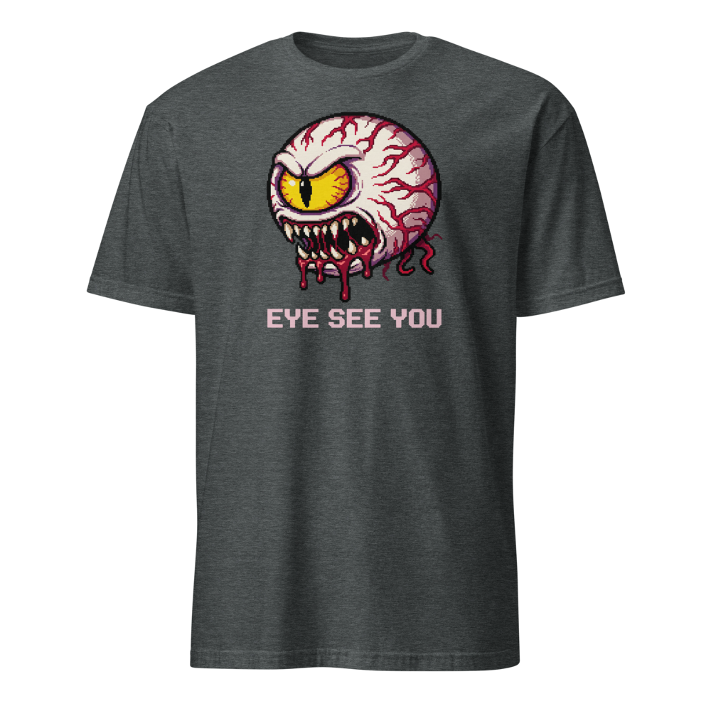 Eye See You Retro Pixel Boss Eyeball Gamer Tee — dark heather front view