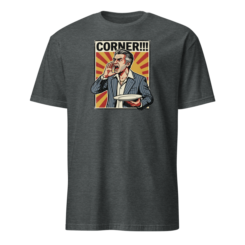 Corner Screaming Waiter Propaganda Fine Dining Tee — Classic Tee — dark heather front view