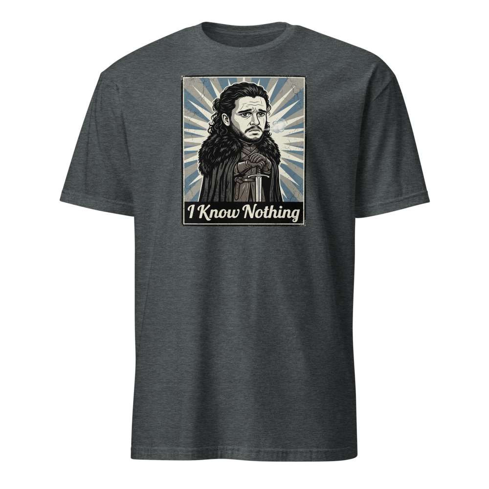 I Know Nothing Brooding Northern Hero Propaganda Tee — Classic Tee — dark heather front view