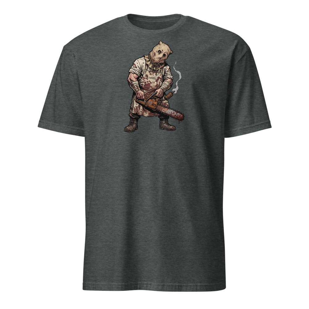 Sack Mask Chainsaw Executioner Horror Tee — dark heather front view
