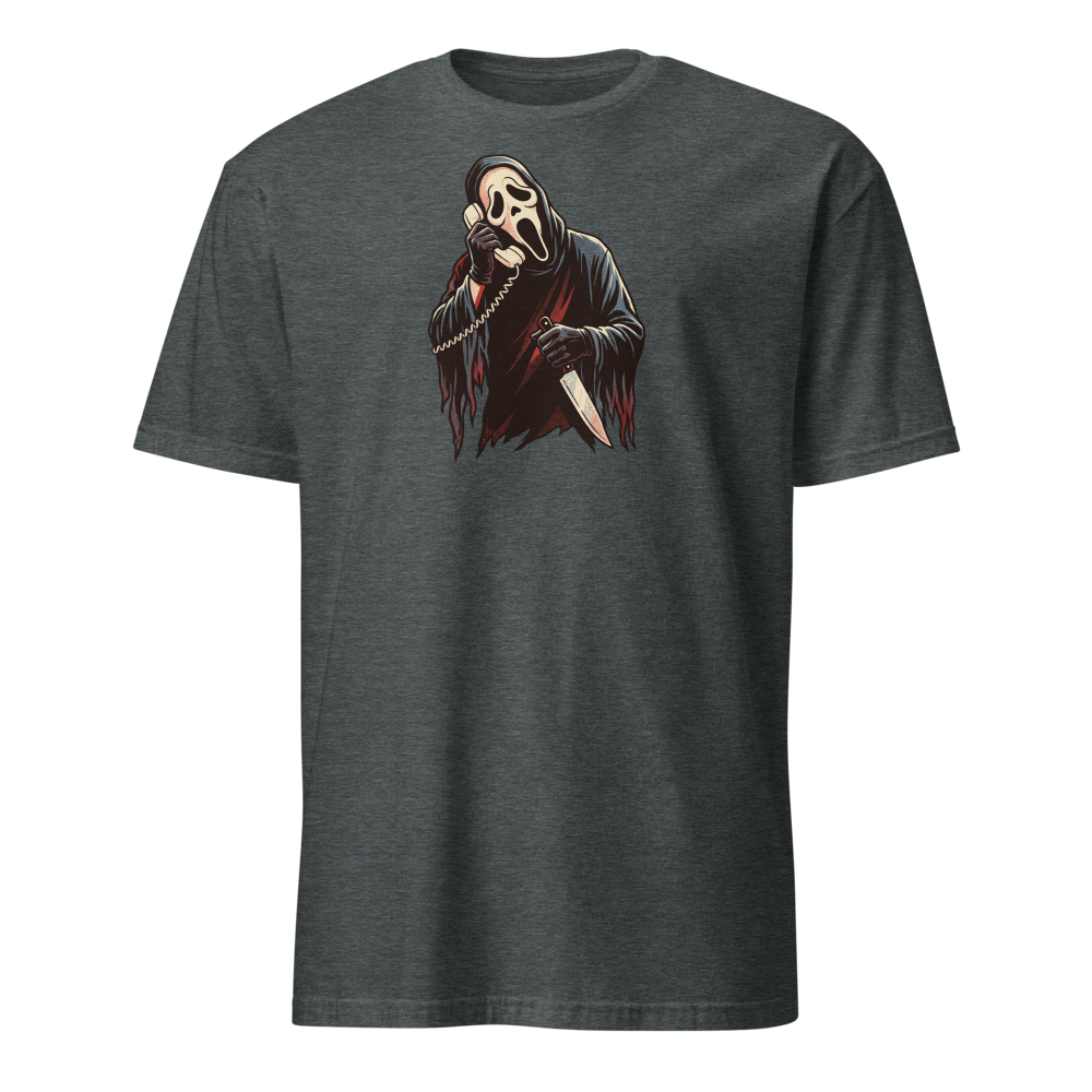 Masked Phone Caller On Hold Halftone Horror Tee — dark heather front view