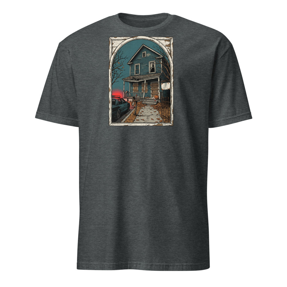 Haunted House Halloween Night Screen Print Horror Tee — Classic Tee — dark heather front view