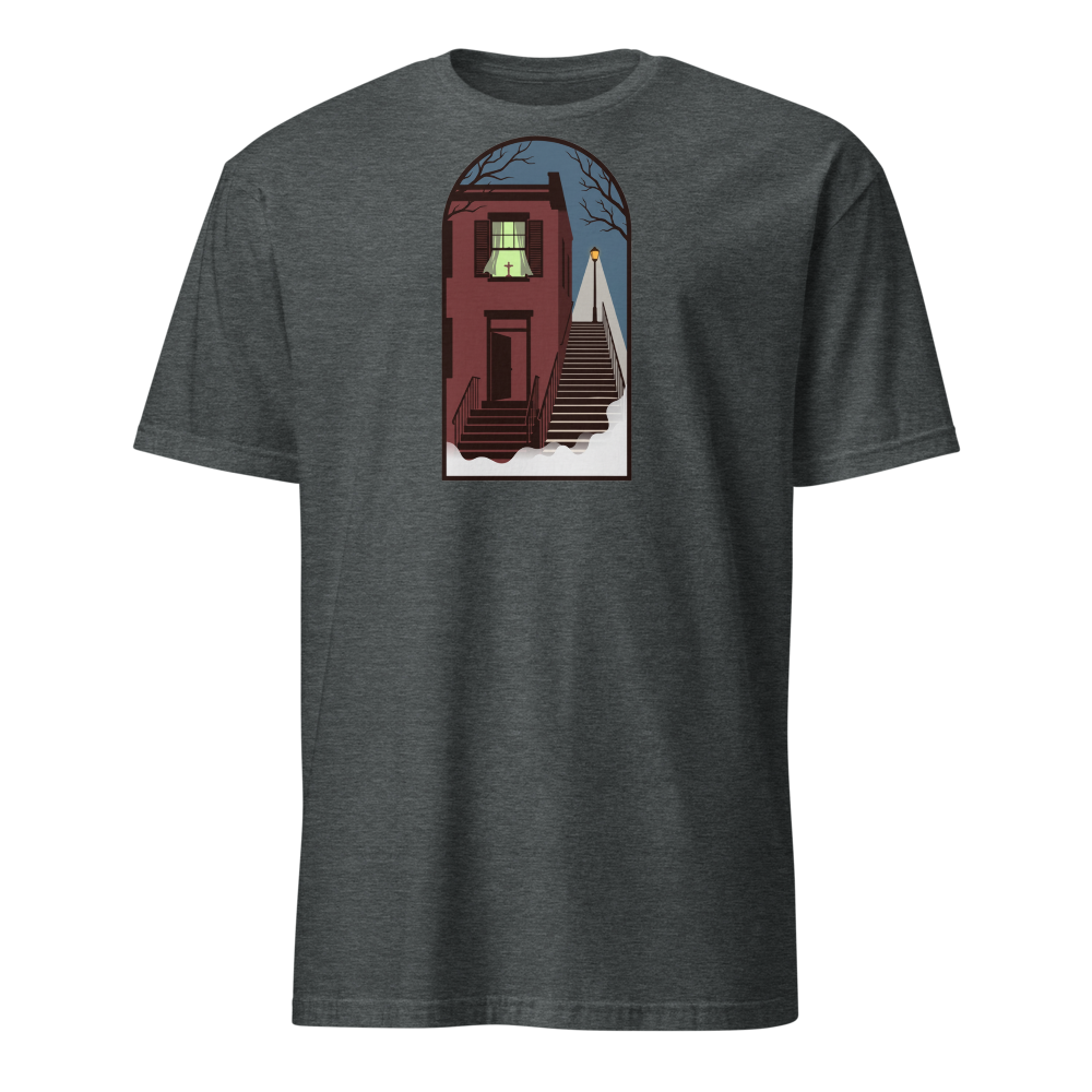 Haunted Row House Stone Stairs Horror Night Tee — Classic Tee — dark heather front view