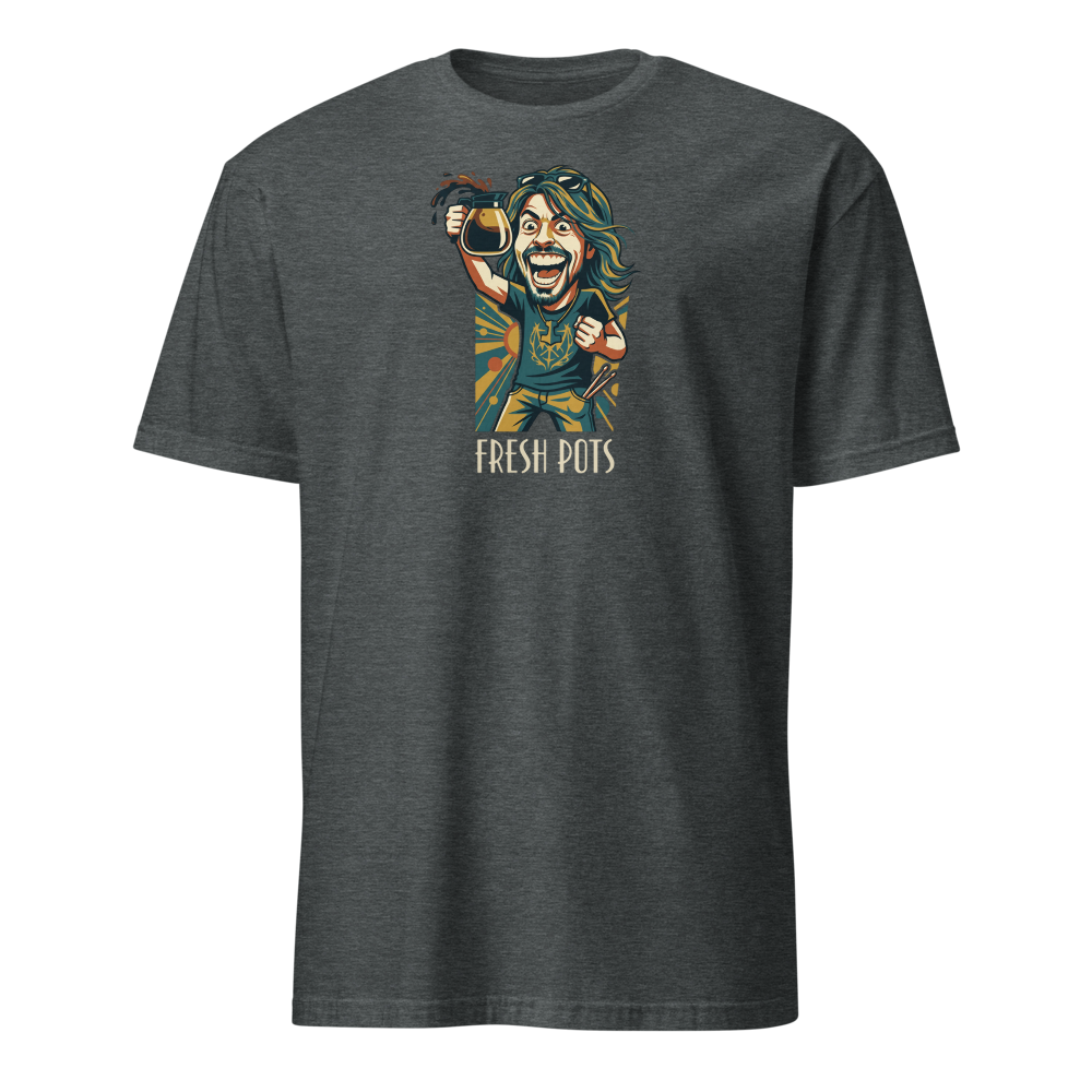 Fresh Pots Coffee Fueled Rock Drummer Art Deco Poster Tee — Classic Tee — dark heather front view