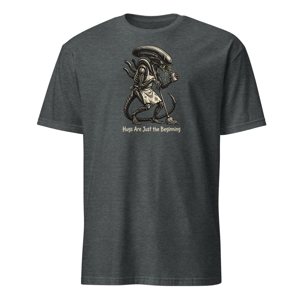 Night Shift Janitor Space Monster Coffee Break Tee — dark heather front view