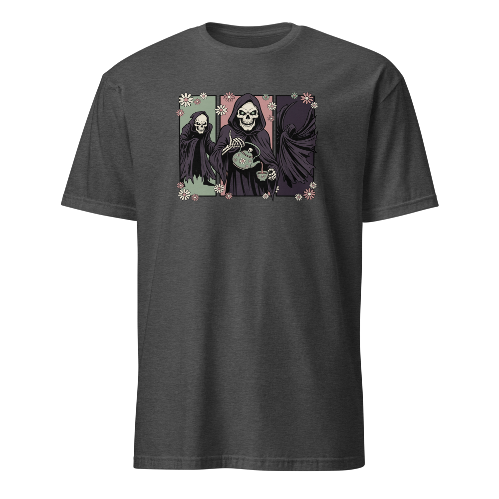 Skull Sorcerer Tea Time Comic Triptych Tee — dark heather grey front view