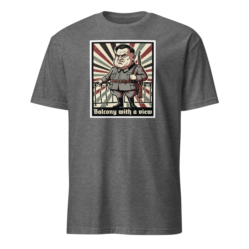 Balcony With A View Propaganda Villain Parody Tee — Men's Basic Tee — graphite heather front view