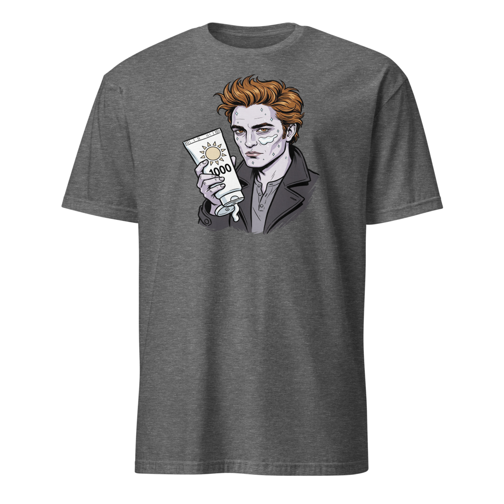 Sparkling Vampire SPF 1000 Sunscreen Parody Tee — graphite heather front view