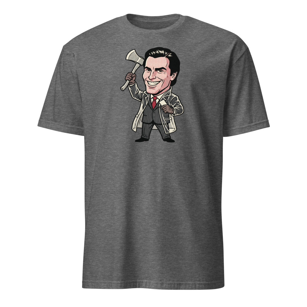 Wall Street Yuppie Axe Killer Pop Art Parody Tee — graphite heather front view