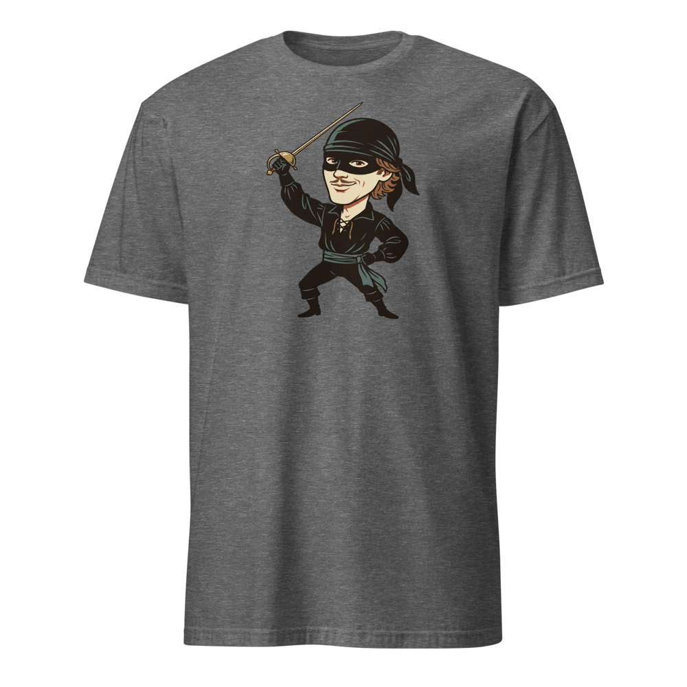 Masked Swashbuckler Vintage Pirate Poster Tee — graphite heather front view