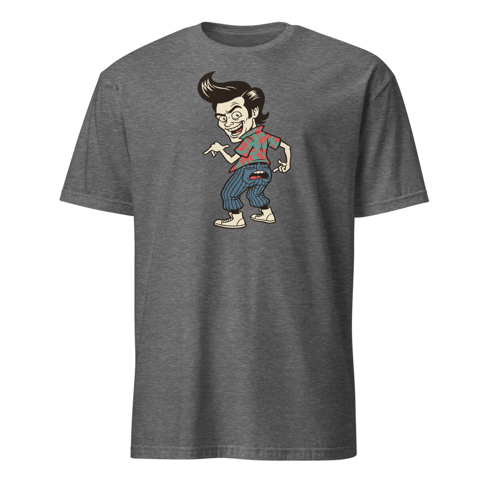 Pet Detective Talking Butt 90s Comedy Parody Tee — graphite heather front view