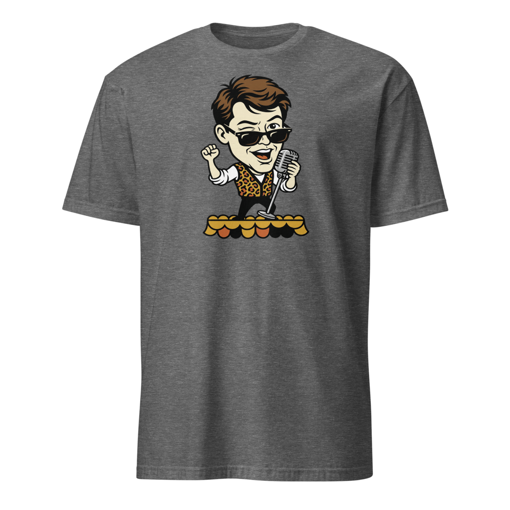 Parade Float Crooner Leopard Vest Retro 80s Tee — graphite heather front view
