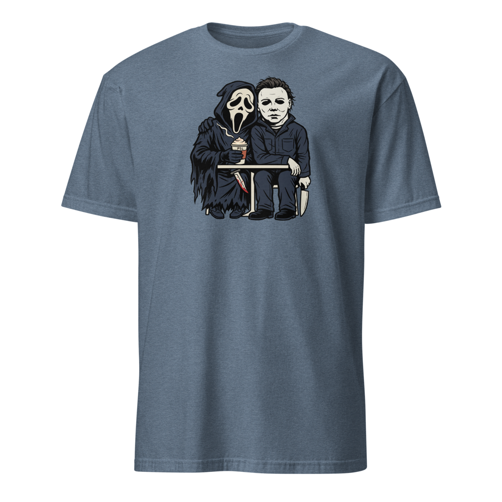Masked Slashers Pumpkin Spice Latte Horror Tee — Men's Basic Tee — heather indigo front view