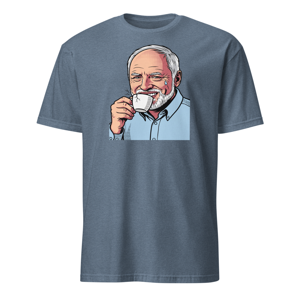 Fake Smile Coffee Guy Halftone Pop Art Meme Tee — heather indigo front view