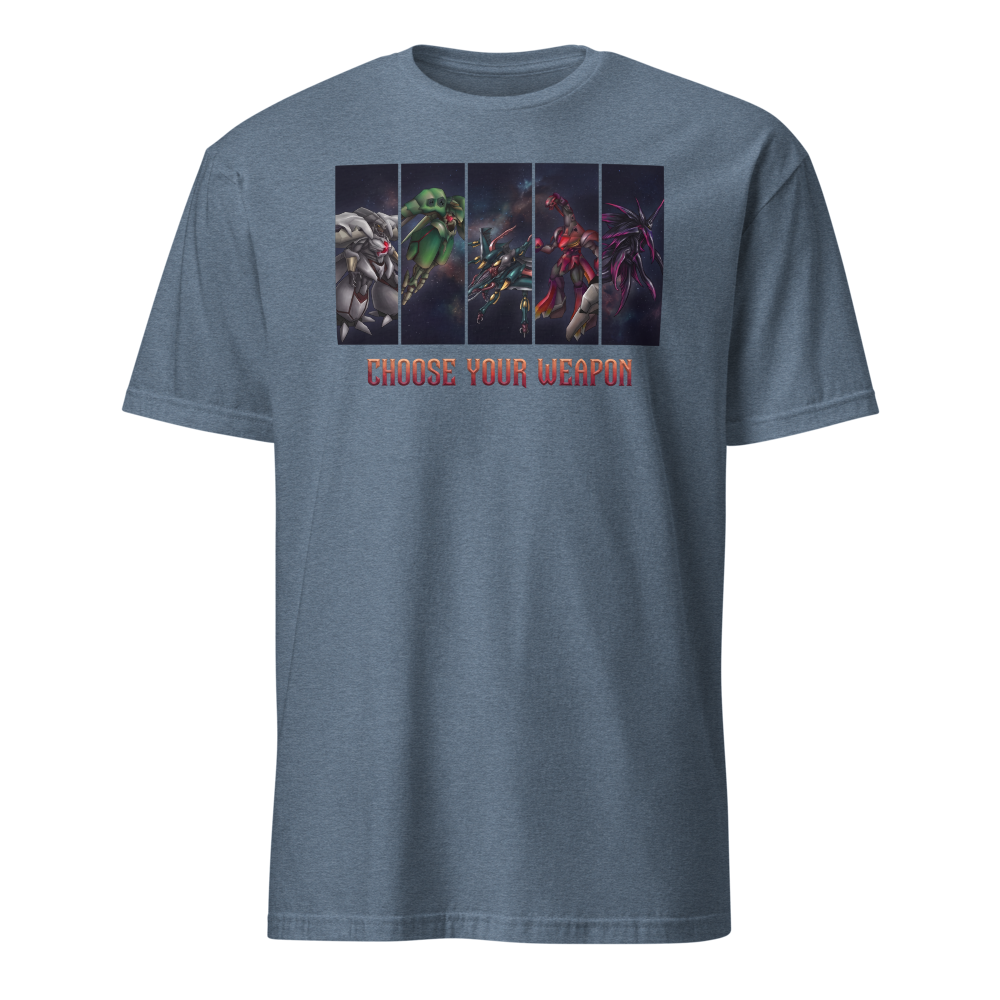 Choose Your Weapon Retro RPG Boss Roster Tee — heather indigo front view