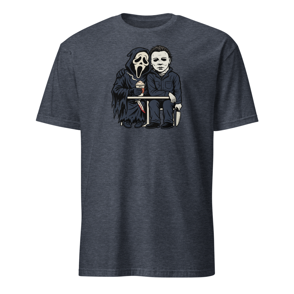Masked Slashers Pumpkin Spice Latte Horror Tee — Men's Basic Tee — heather navy front view