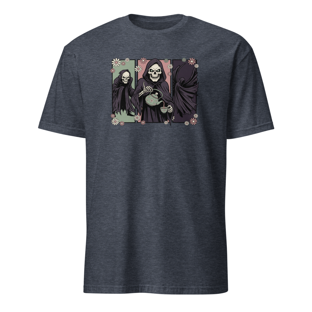 Skull Sorcerer Tea Time Comic Triptych Tee — heather navy front view