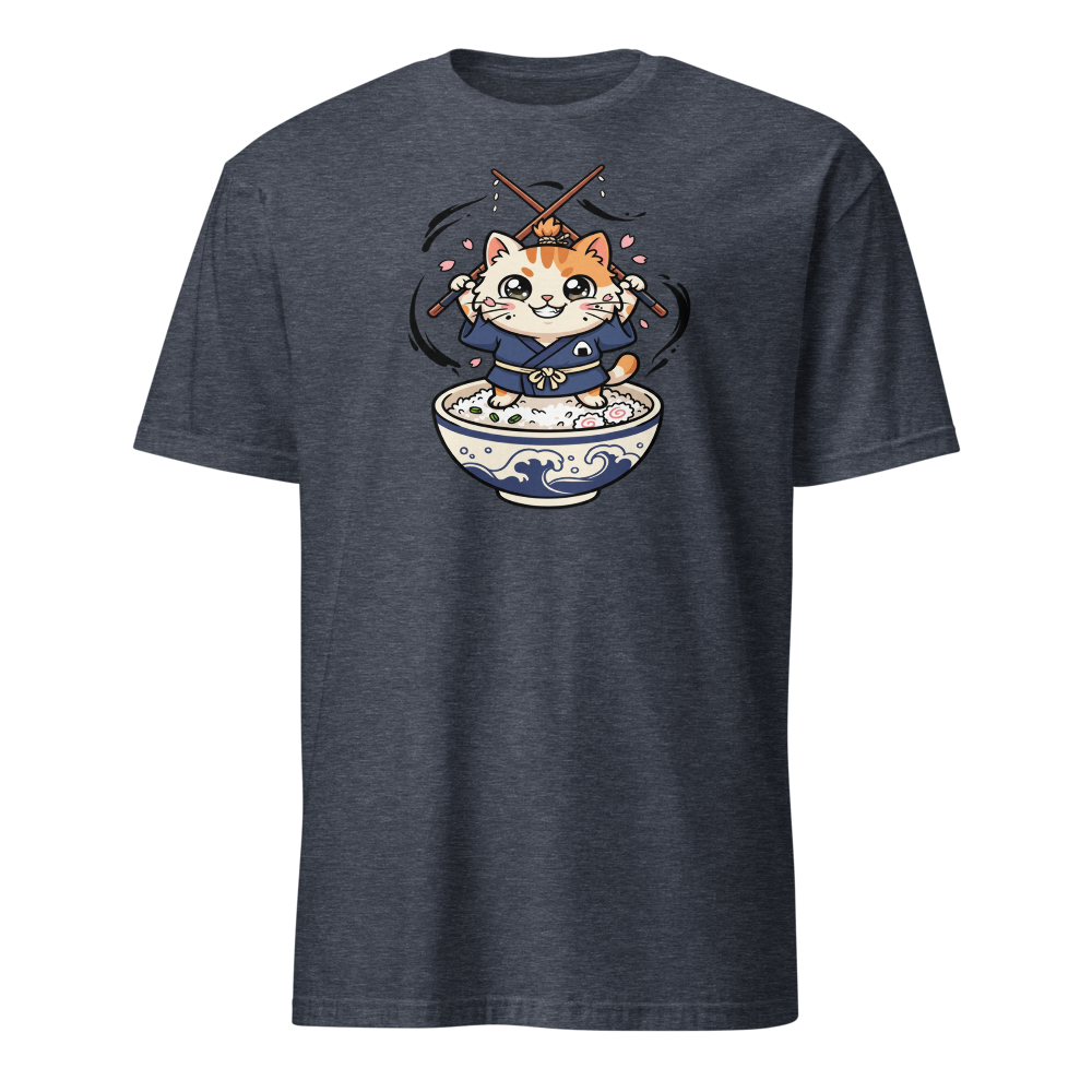 Chibi Ronin Chef Cat Chopstick Katana Anime Tee — heather navy front view
