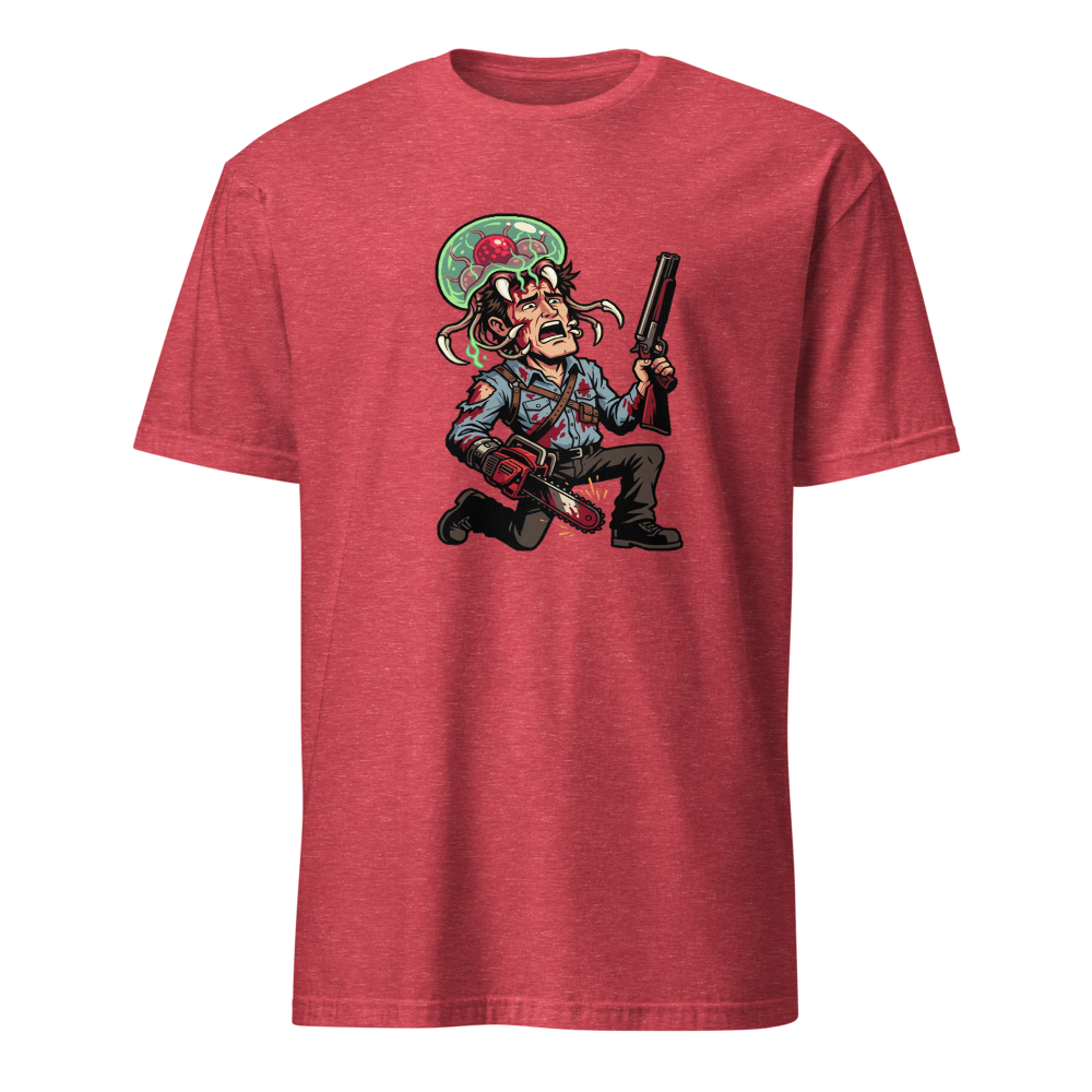 Cabin Horror Survivor vs Space Parasite Pixel Tee — Men's Basic Tee — heather red front view