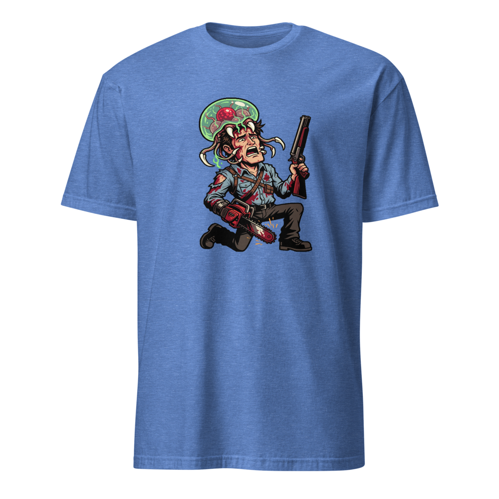 Cabin Horror Survivor vs Space Parasite Pixel Tee — Men's Basic Tee — heather royal front view