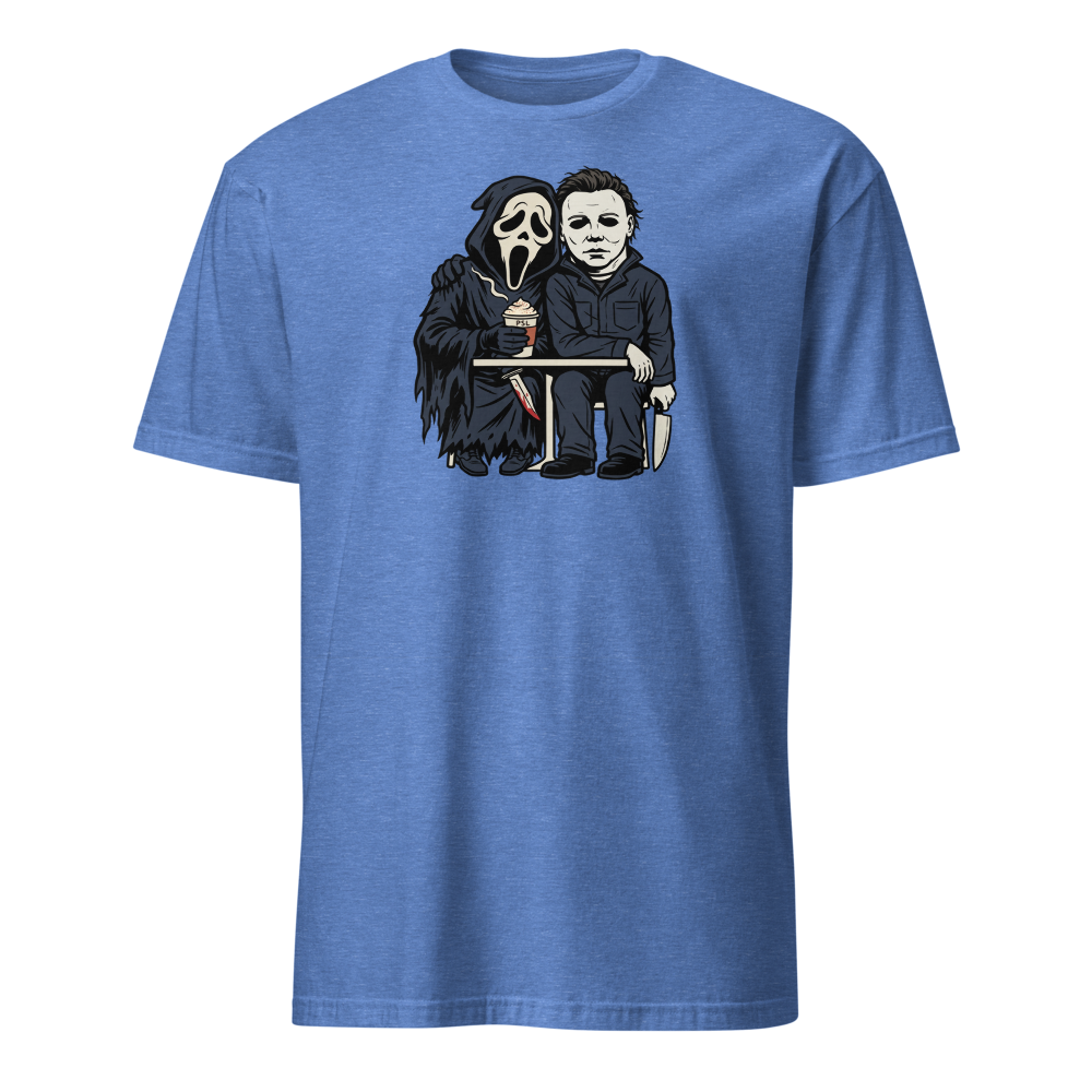 Masked Slashers Pumpkin Spice Latte Horror Tee — Men's Basic Tee — heather royal front view