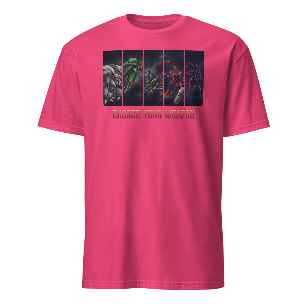 Choose Your Weapon Retro RPG Boss Roster Tee — heliconia front view