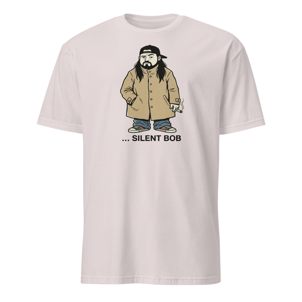 Silent Stoner Sidekick Trench Coat Punk Caricature Tee — Men's Basic Tee — ice grey front view