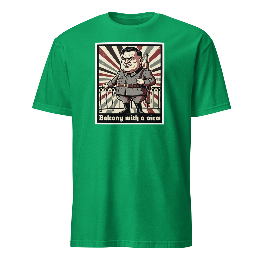 Balcony With A View Propaganda Villain Parody Tee — Men's Basic Tee — irish green front view