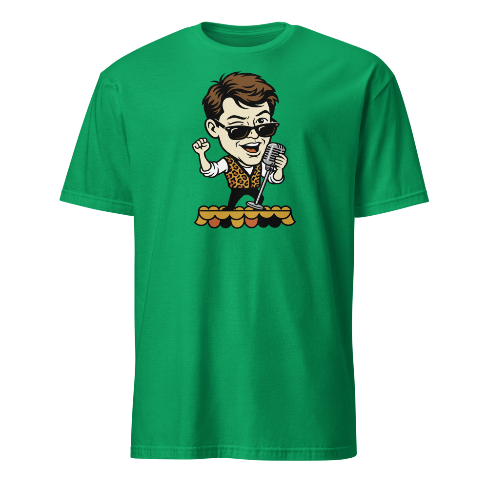 Parade Float Crooner Leopard Vest Retro 80s Tee — irish green front view
