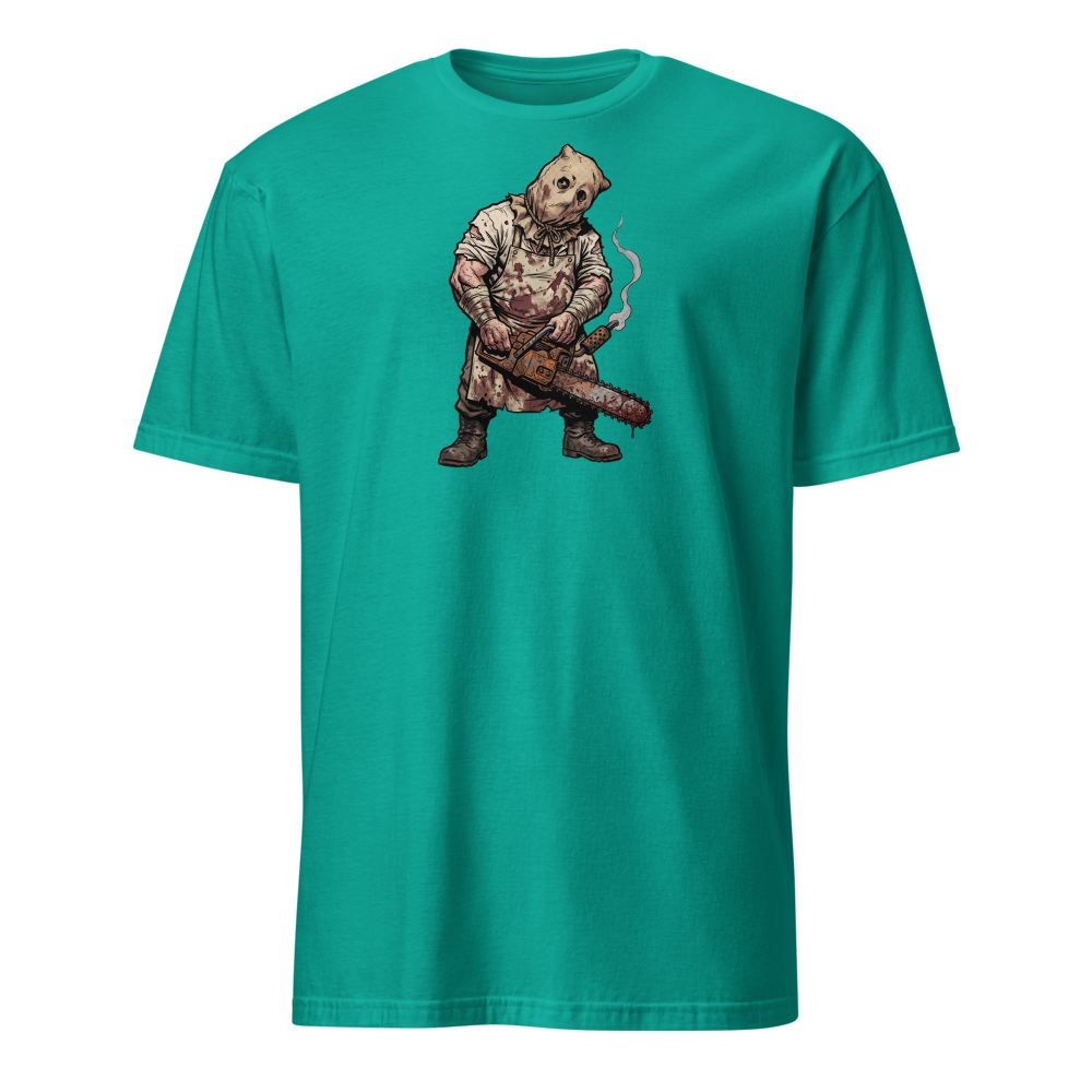 Sack Mask Chainsaw Executioner Horror Tee — jade dome front view