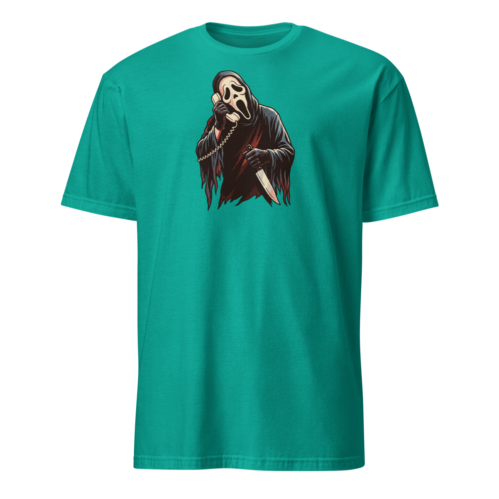 Masked Phone Caller On Hold Halftone Horror Tee — jade dome front view