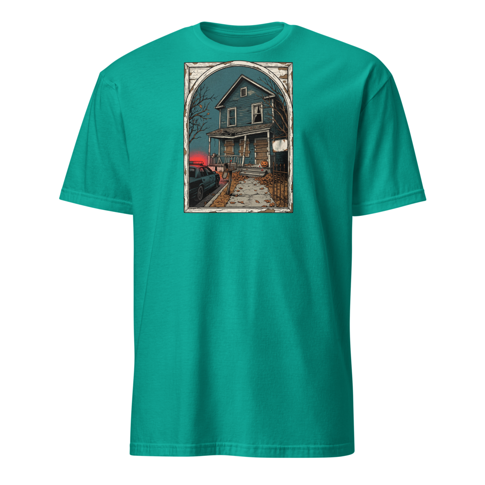 Haunted House Halloween Night Screen Print Horror Tee — Classic Tee — jade dome front view