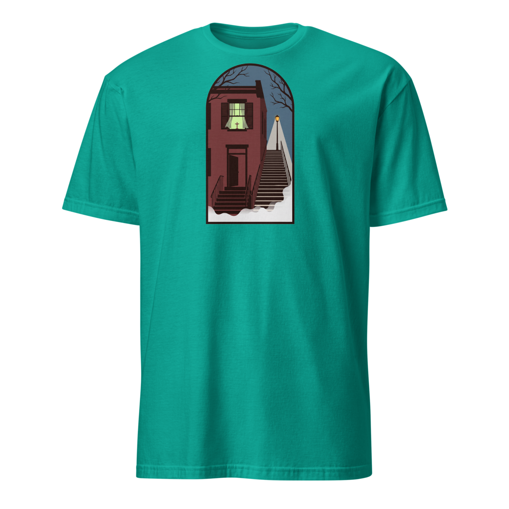 Haunted Row House Stone Stairs Horror Night Tee — Classic Tee — jade dome front view