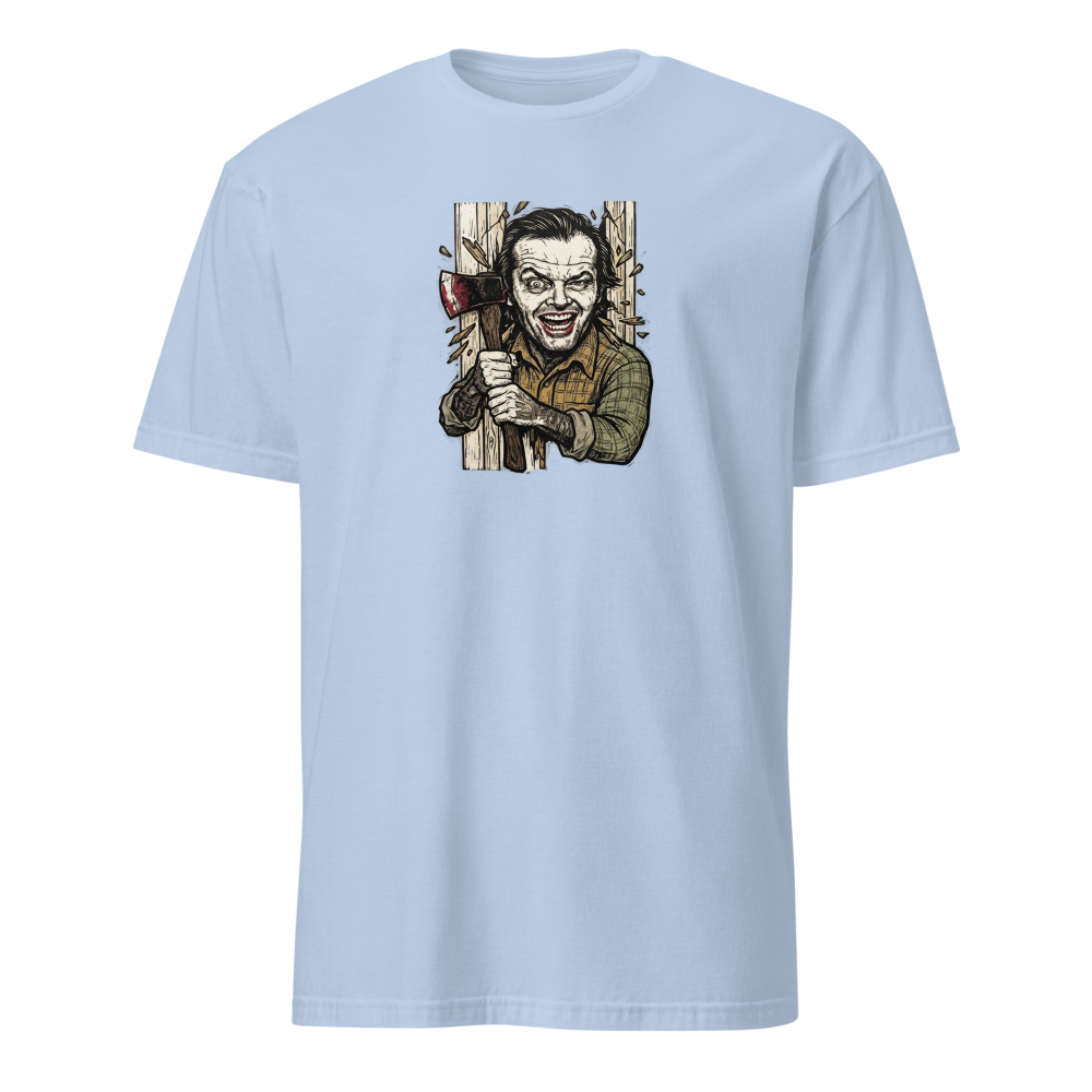 Axe Maniac Door Breach Blackwork Horror Tee — light blue front view